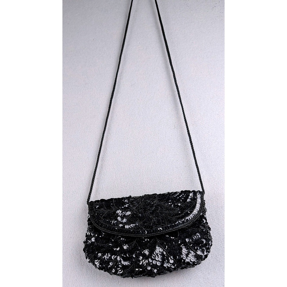 Vintage Black Silver Sequin Beaded Evening Clutch Crossbody Bag Formal Party